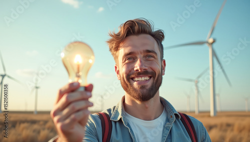 a man holds a light bulb in his hand against the background of wind farms, the concept of saving electricity