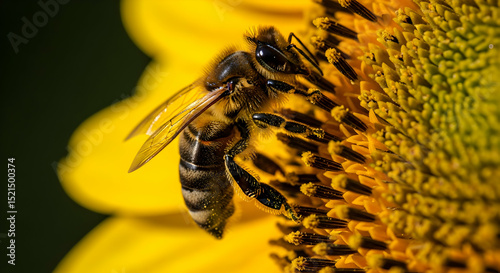 Honeybee Foraging Pollen From Blooming Yellow Sunflower Blossom Macro
