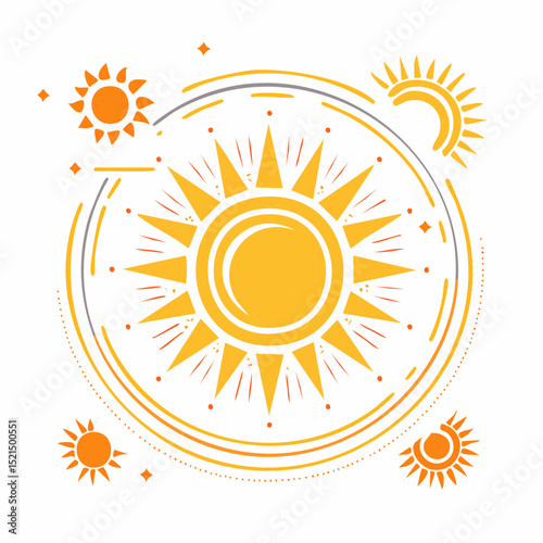 Vector set of design elements and illustrations in simple flat linear style - sun symbols, abstract forms and shapes - logo design templates, badges and stickers for posters, prints, banners