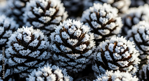 Pinecones In Frost: A Grouping Of Naturally Decorated Cones Macro Shot