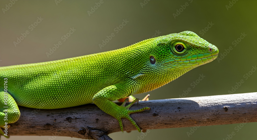 Fototapeta premium Emerald Glimpse Green Anole Lizard Perched Gracefully On A Tree Branch