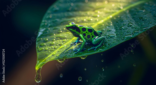 Vibrant Poison Dart Frog Sitting on Watery Leaf in Rainforest Environment