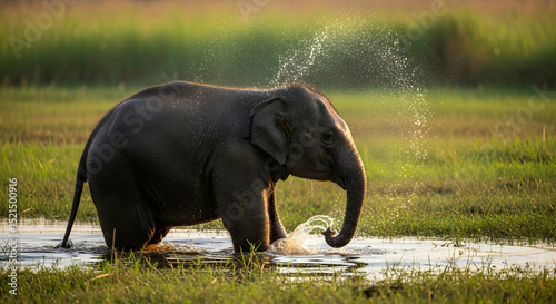 Young Elephant Playing in the Water at a Nature Conservation Area