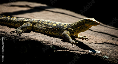 Monitor Lizard Basking On A Rock Under Sunlight In The Wild