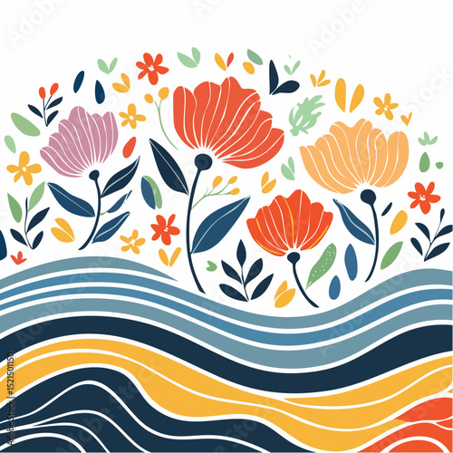 Vector illustration in simple linocut or cut our hand draw naive wavy groovy style, flowers and plants, floral botanic design templates, modern art
