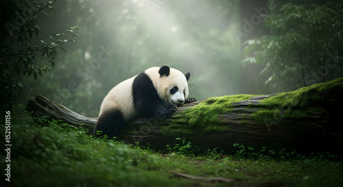 Panda Relaxing On A Mossy Log In Lush Forest Environment