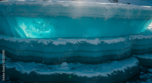 Layered Ice Formations Presenting Captivating Azure Hues and Snow Accents