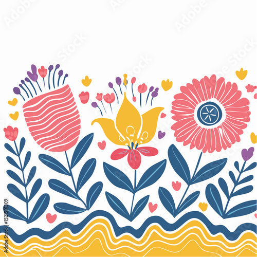 Vector illustration in simple linocut or cut our hand draw naive wavy groovy style, flowers and plants, floral botanic design templates, modern art