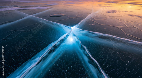 Frozen Surface Displaying Cracks Over Lake Baikal During Sunset Hour
