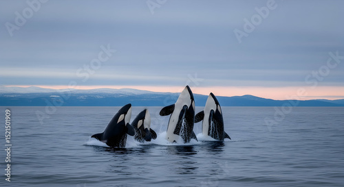 Orcas Breaching the Surface in a Stunning Aquatic Display at Dusk