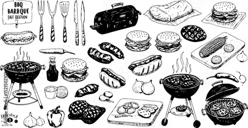 Hand drawn vector illustrations. BBQ collection. Barbeque design elements in sketch style. Fast food. Perfect for menu, prints, packing, leaflets, advertising