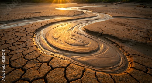 A cracked riverbank revealing swirling clay currents
