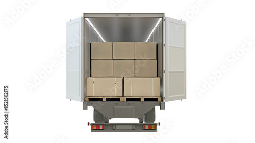 Back view of a container truck loaded with box parcel goods. Isolated on transparent background. 3D illustration.