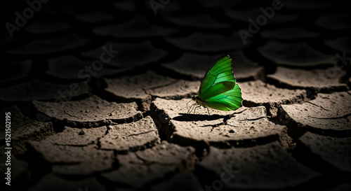 Emergence Of Hope Beautiful Green Butterfly Resting on Cracked Earth