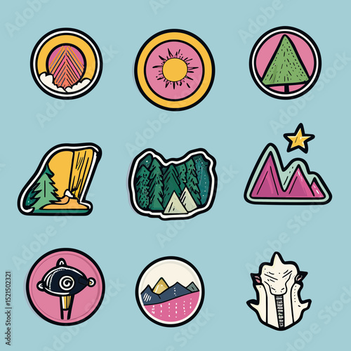 Set of flat minimalist vector nature patches featuring trees, sun, mountains, forest campsite, waterfall, star, and shell designs in colorful badge style