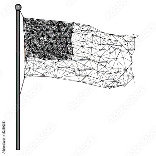 Abstract low poly wireframe style flag on pole with connected mesh nodes and triangular geometry pattern isolated on white background vector illustration digital network concept