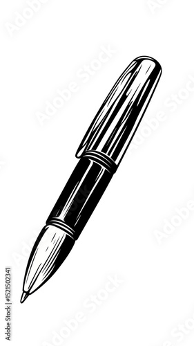 Black and white retro pen engraving vector illustration with detailed nib and cap in minimalist flat style drawing for writing tools and stationery design concept