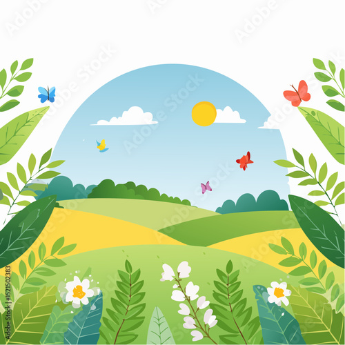 Vector illustration in trendy flat simple style - spring and summer background with copy space for text - landscape with plants, leaves, flowers - background for banner, greeting card, poster .