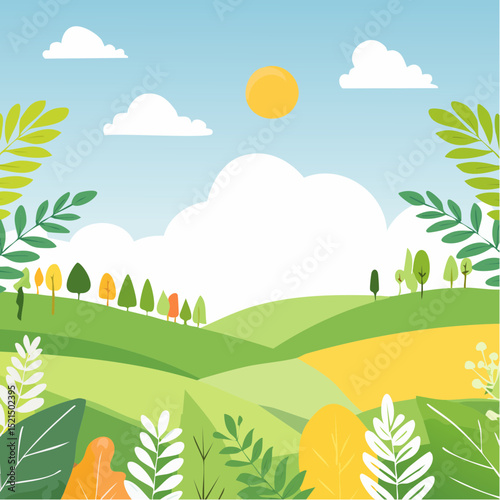 Vector illustration in trendy flat simple style - spring and summer background with copy space for text - landscape with plants, leaves, flowers - background for banner, greeting card, poster .