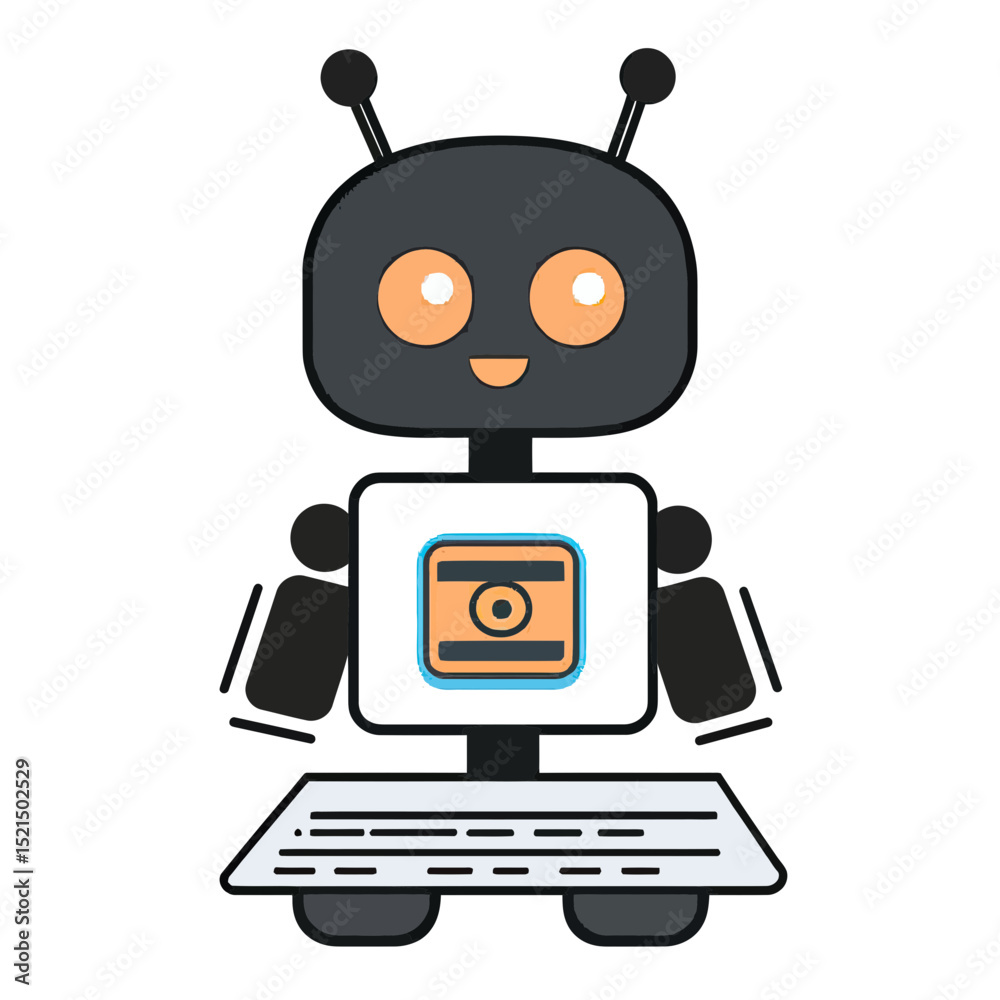 Naklejka premium Cute friendly robot character with antenna eyes and smiling face holding keyboard digital technology and artificial intelligence concept illustration