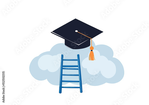 Graduation cap with tassel resting on cloud and ladder symbolizing academic achievement education aspiration and goal reaching concept illustration