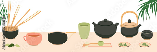 Minimalist flat vector illustration of Asian tea ceremony set with teapots cups chopsticks incense sticks and green leaves on white background