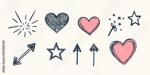 Hand-drawn doodle hearts and stars with arrows and magical sparkles in minimalist sketch style vector illustration for decoration and design elements