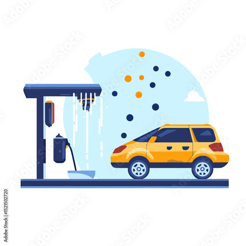 Self service car wash station cleaning yellow minivan with soap suds and water splash in flat minimalist vector style illustration