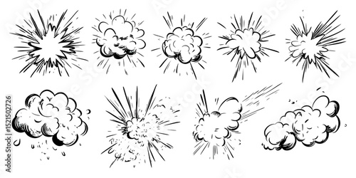 Hand drawn comic explosion smoke bursts set with dynamic motion lines explosive blast effect vector illustration black and white sketch doodle style