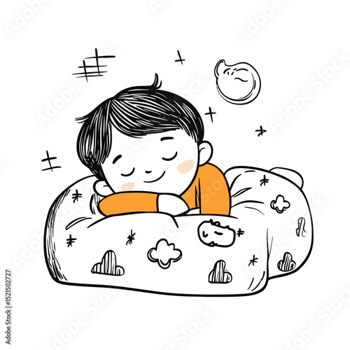 Hand drawn boy sleeping peacefully on patterned pillow doodle sketch black and white with orange pajamas relaxing calm bedtime concept vector illustration