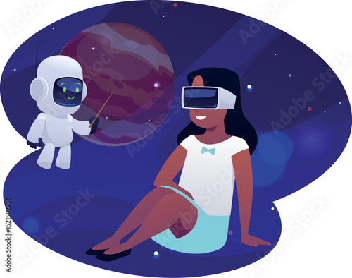 Girl in virtual reality glasses with chatbot robot in space vector illustration, cosmic education robotic technology