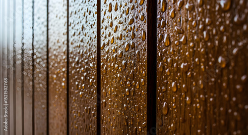 Water Droplets Glistening on Warm Wooden Planks After a Refreshing Rain