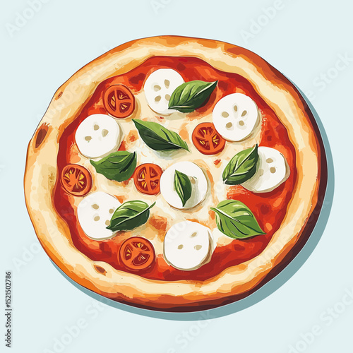 Top view Neapolitan Margherita pizza with tomato sauce mozzarella cheese fresh basil leaves flat minimalist vector illustration on light background