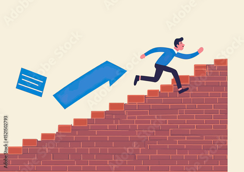 Businessman running up brick wall stairs with blue arrow flying behind overcoming obstacle and challenge concept flat vector illustration