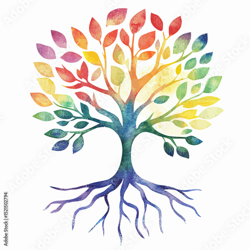 Colorful rainbow tree with spreading roots vector illustration in flat minimalist style symbolizing growth and connection with nature and life energy concept