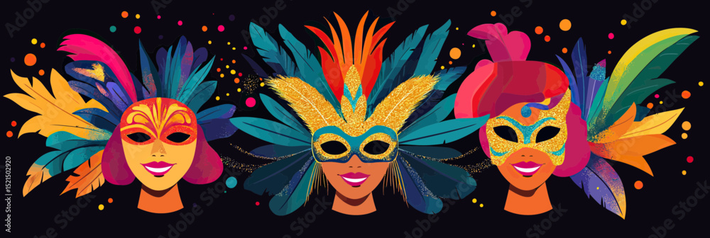 Obraz premium Colorful Brazilian Carnival Masks with Feathers and Glittering Costumes in Flat Vector Style for Festival or Party Celebration Concept Design