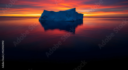 Serene Iceberg At Sunset Reflecting In Waters Of Calm Ocean