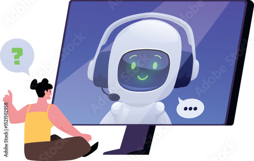 Girl asking and consulting with robotic AI assistant on computer, vector flat chatbot customer service online support