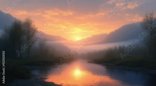 Foggy river landscape at sunrise with mountains in the background