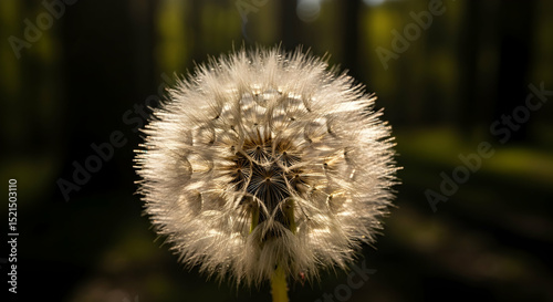 Ephemeral Beauty Dandelion Seed Head Glistening in Sunlight Deep Forest