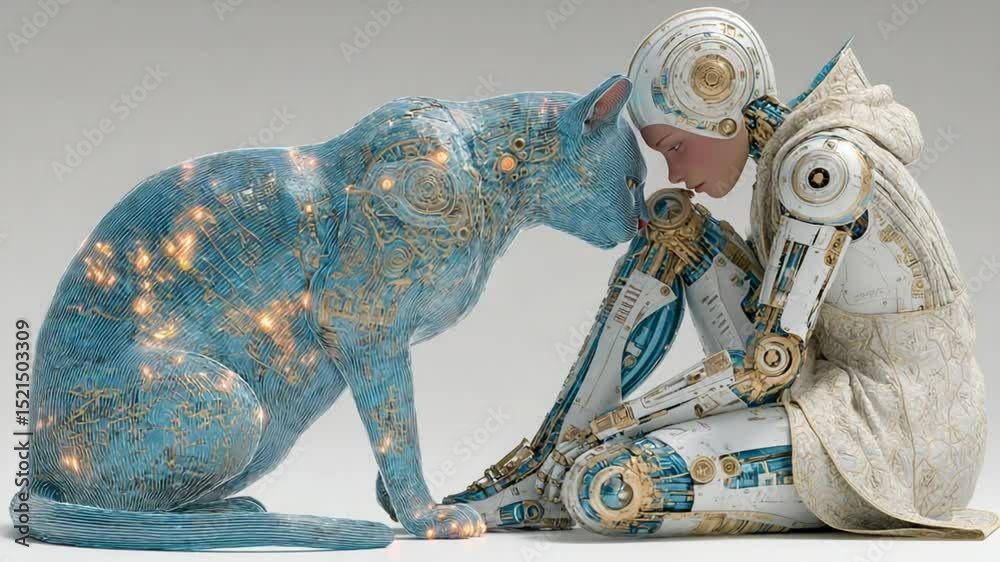Futuristic friendship between a robotic girl and an ornate cat in a light setting