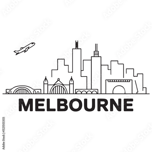 Vector Melbourne skyline. Travel Melbourne famous landmarks. Business and tourism concept for presentation, banner, web site. Vector black silhouette. with white background