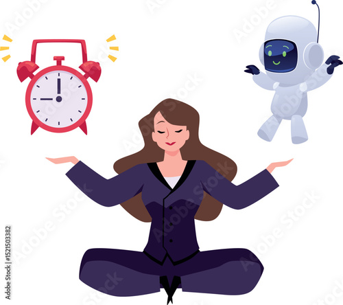 Businesswoman meditating with chat bot, time management with AI robotic assistance or alarm clock vector illustration