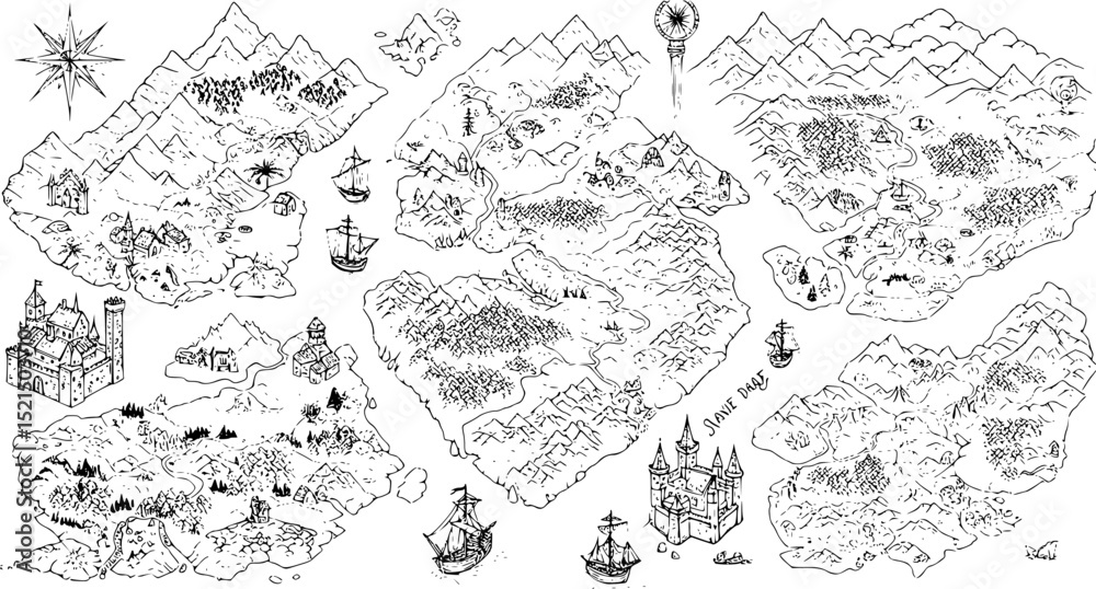 Naklejka premium Fantasy map elements illustration, drawing, engraving, ink, line art, vector 