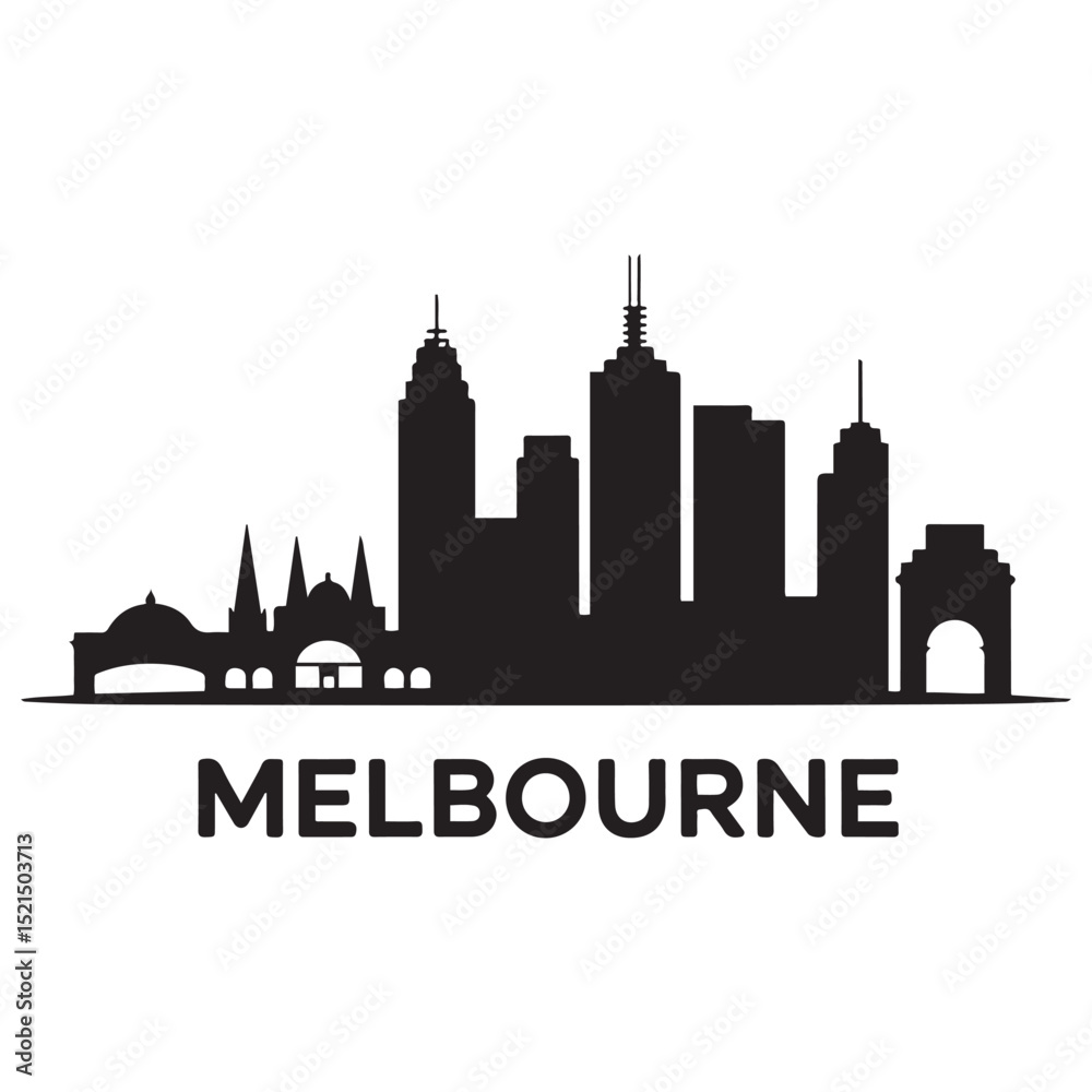 Obraz premium Vector Melbourne skyline. Travel Melbourne famous landmarks. Business and tourism concept for presentation, banner, web site. Vector black silhouette. with white background