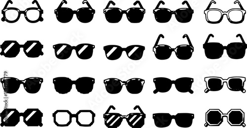 Pixel glasses, sunglasses icon set. Vector EPS
