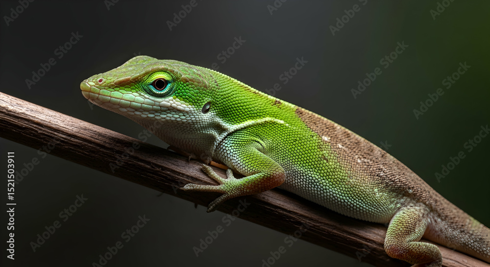 Fototapeta premium Emerald Jewel Resting: A Green Anole Portrait on Delicate Branch