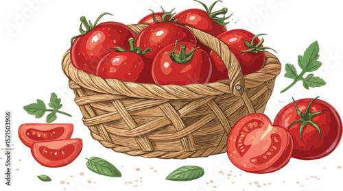 Tomato in Wicker Basket on White Background Illustration