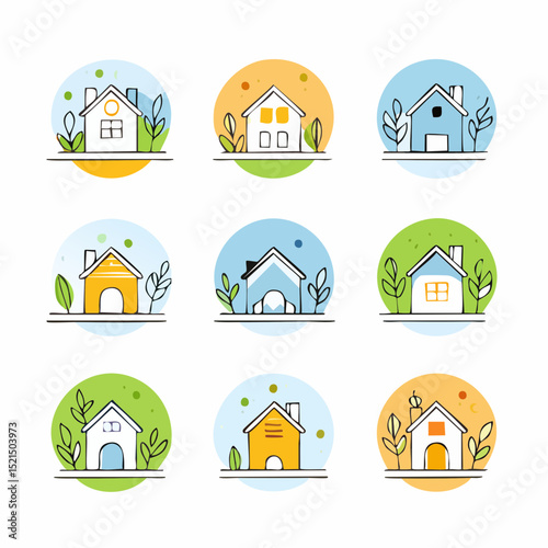 Vector set of abstract logo design templates in simple linear style - cozy home emblems, houses and plants stay at home - symbols for social media stories highlights and posts for interior stores