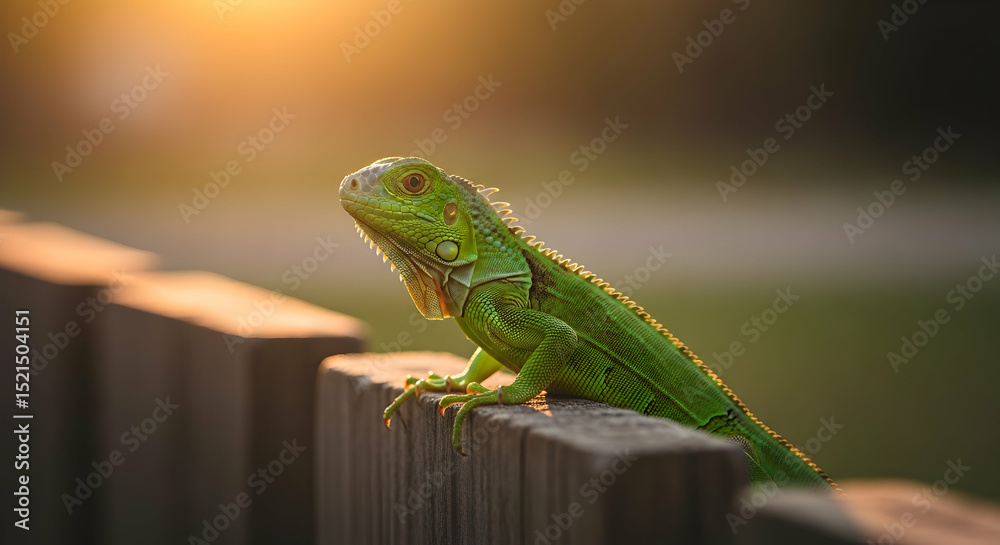 Fototapeta premium Green Iguana Basking in Evening Light on Wooden Fence